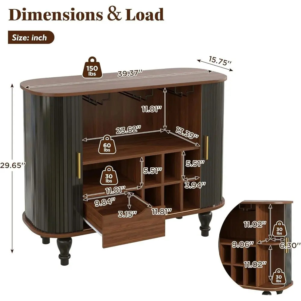 39 Modern Liquor Cabinet with 6 Wine Racks, 3 Glass Holders, Drawer, Hidden Storage & Sliding Door for Living Room, Dining Area,