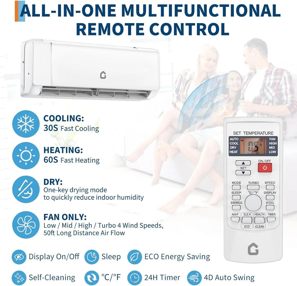 9000 BTU Mini Split Air Conditioner & Heater, 18.5 SEER2, 208-230v, Ductless AC Unit for 450 Sq.Ft, WiFi, Remote,Quiet Inverter