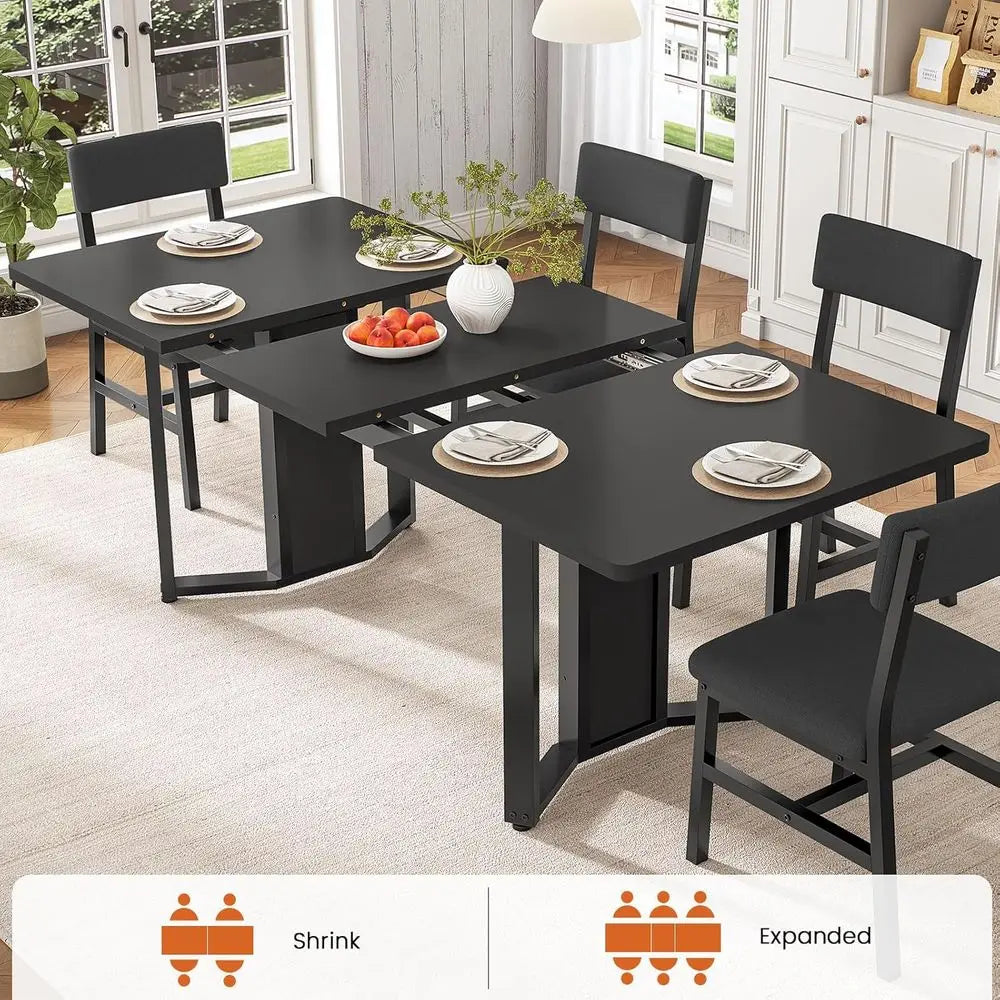 Black 63 Extendable Dining Table Set for 4-6 with Cushioned Chairs, Suitable for Small Spaces