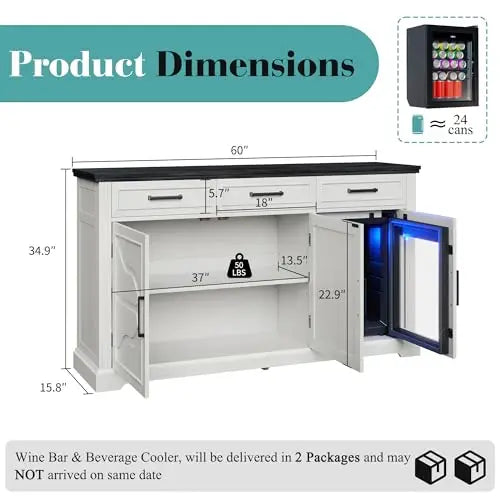 White 60-Inch Farmhouse Beverage Station Cabinet With Built-In Cooler, Three Drawers, And Glass-Front Wine Storage For Kitchen