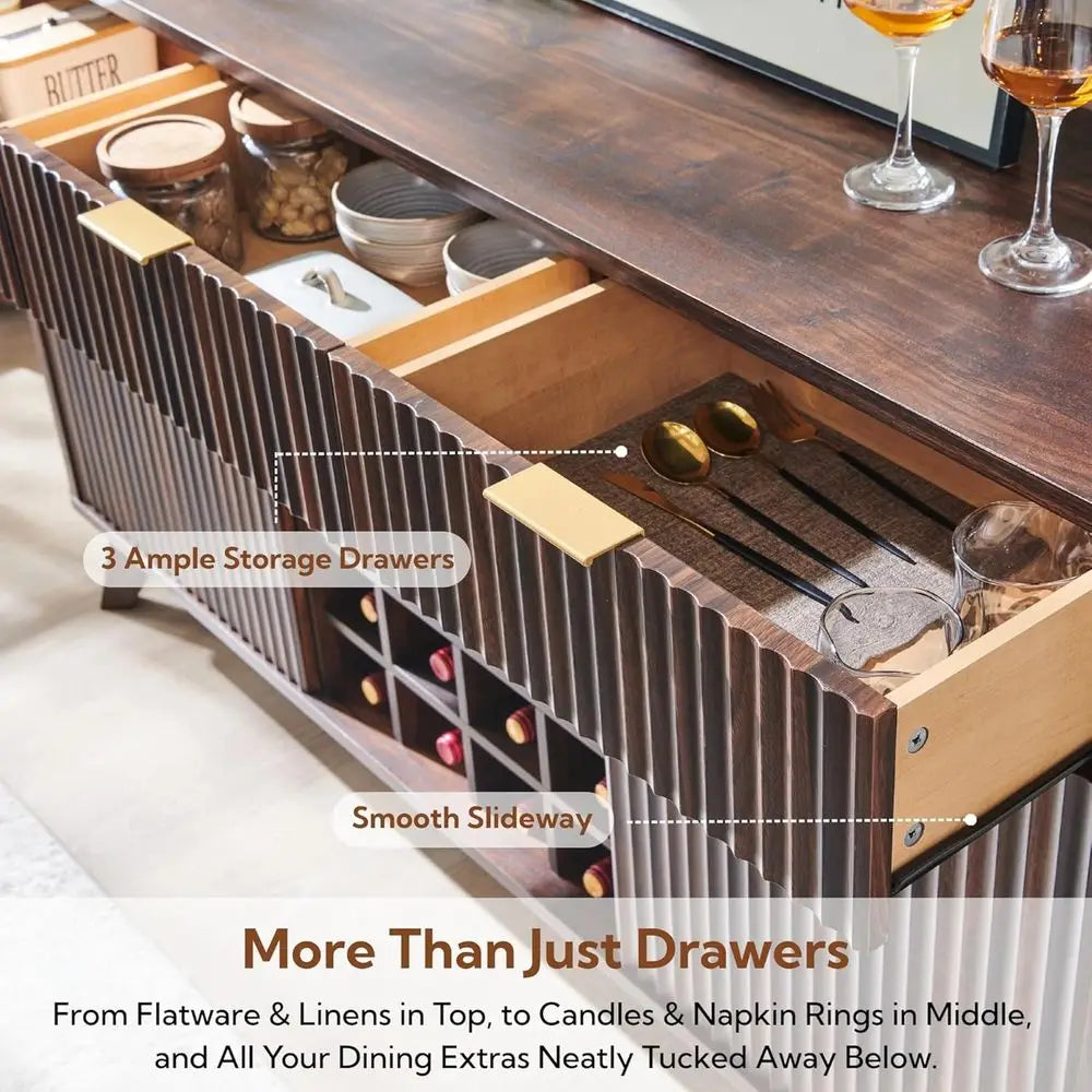 luted Wine Bar Cabinet, 60" Wide ern Buet Sideboard with Ample Storage - 2 Side Cabi, 3 Ders, 4 Glass Holders & 12 Wine Racks, C