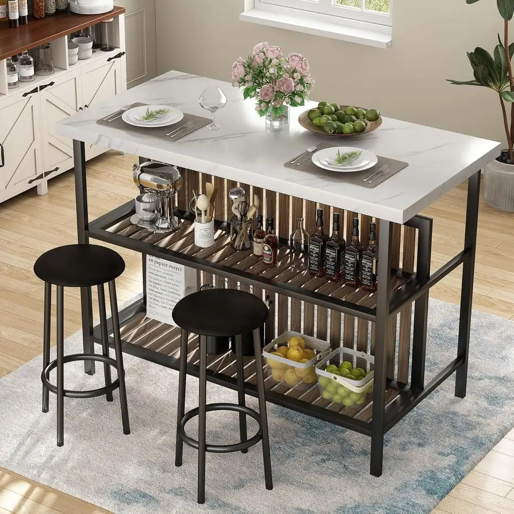 3-Piece Pub Furniture Set, 2 Bar Stools, Marble Dining Set for 2, Counter Height Table with Storage, White Kitchen Island with S