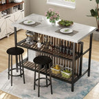3-Piece Pub Furniture Set, 2 Bar Stools, Marble Dining Set for 2, Counter Height Table with Storage, White Kitchen Island with S