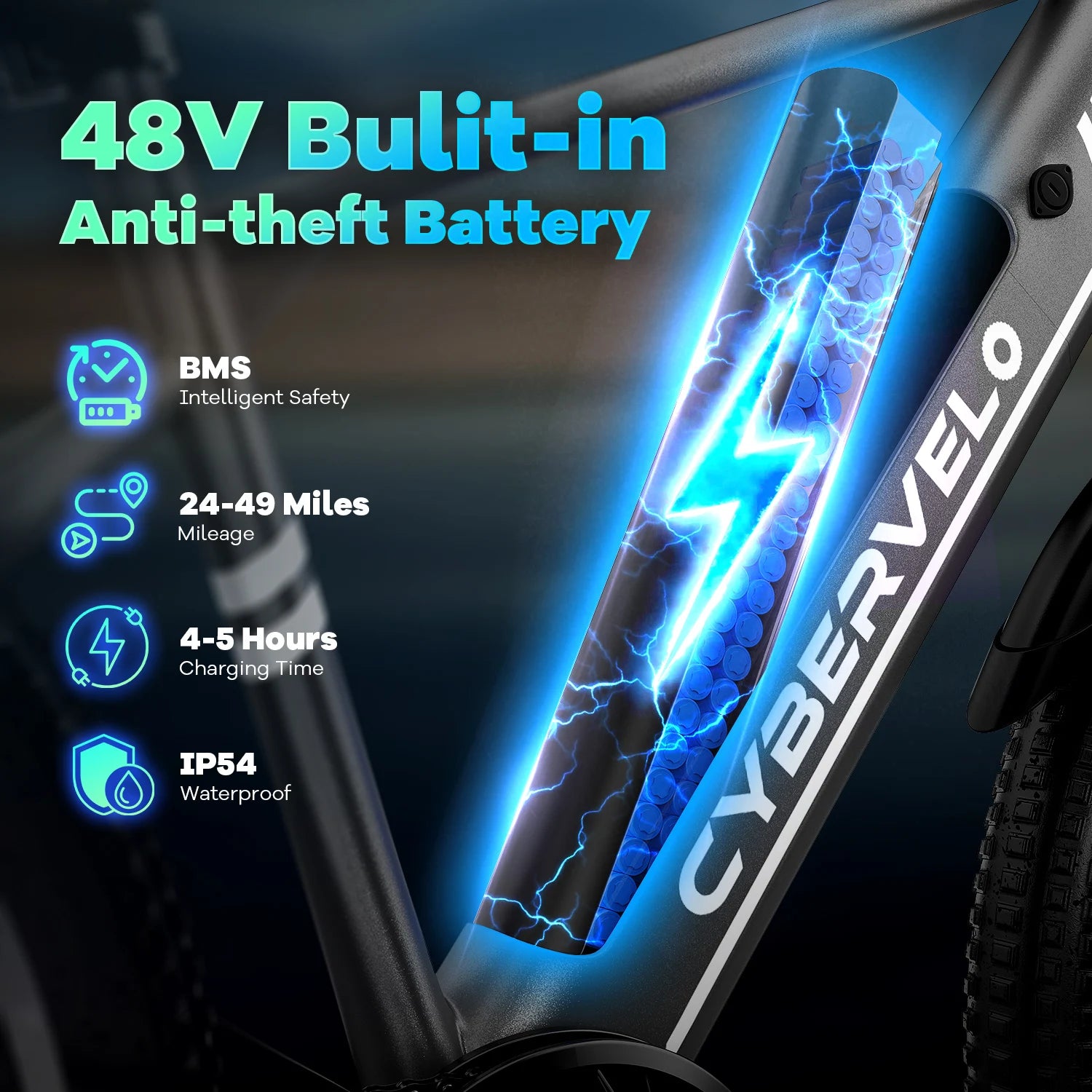 Cybervelo EK3 1000W Peak 48V Waterproof Battery 26" 7-Speed Electric Bike Adult Ebike for Commute Beach Snow Men Women