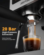 20 Bar Espresso Machine with Burr Grinder & Milk Frother, Stainless Steel, Home Coffee Maker for Cappuccino, Latte, Cold Brew, Americano