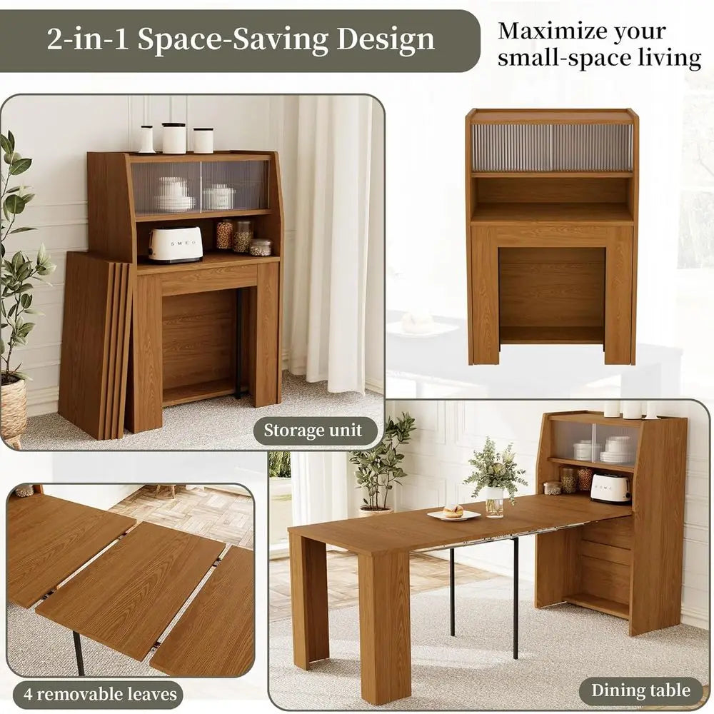 Expandable Dining Table Set for 4-6, Kitchen Table with Storage, Space-Saving Design, Brown Dining Table