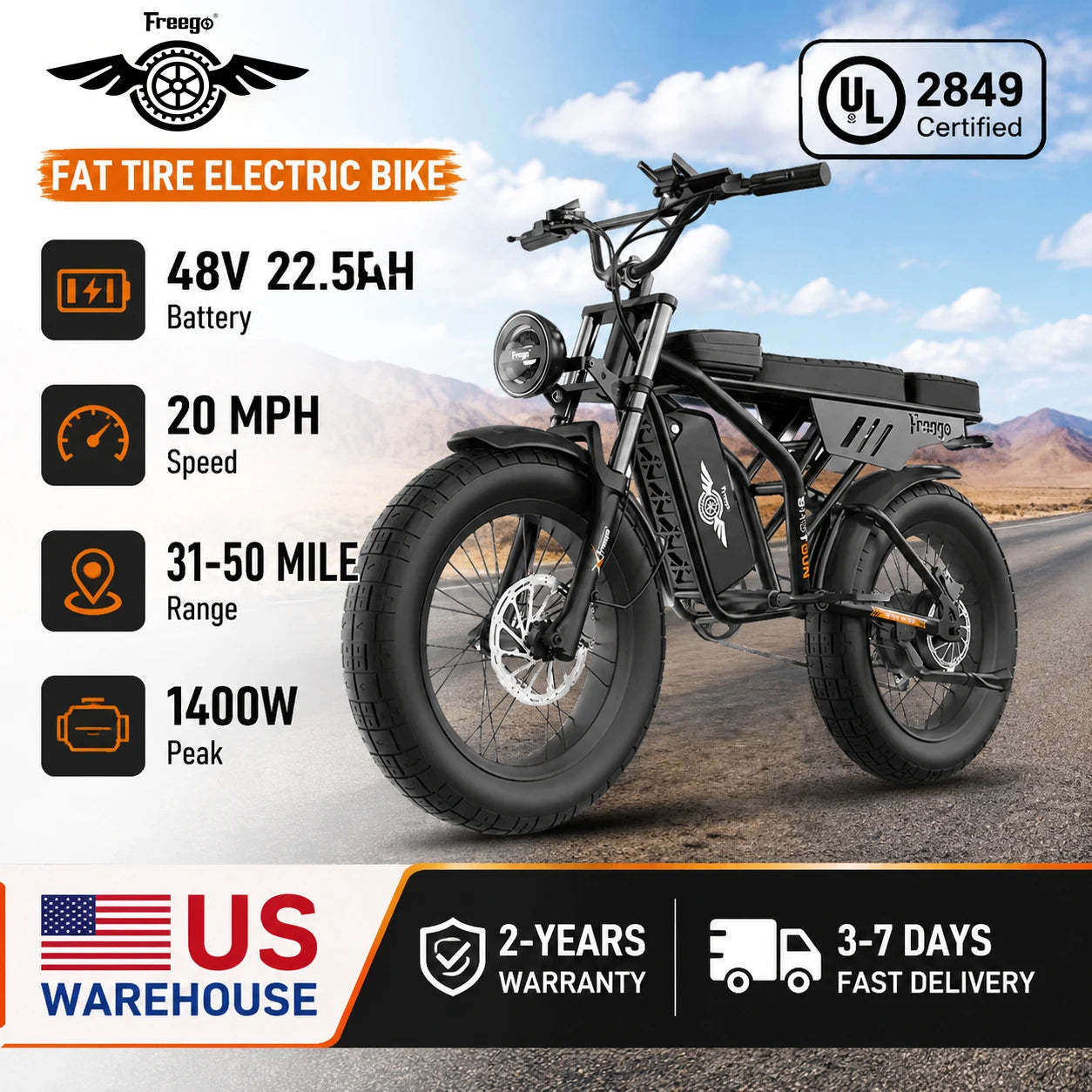 Freego 1400W Electric Bike 48V/22.5Ah Ebike 20  x 4.0 Fat Tires Electric Bicycle Removable Battery 34MPH & 43 Miles Long Range