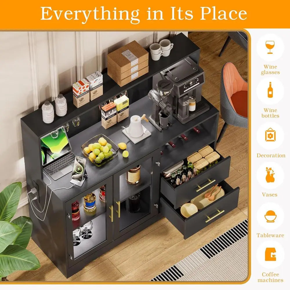 All-in-One Black Home Bar Cabinet with RGB LED Lighting, Wine & Coffee Storage, Racks, and Charging Station