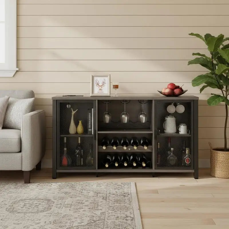 Industrial Drinks Credenza 47 Inch For Kitchen Home Bar Living Room, Sideboard Buffet Wine Rack Farmhouse Wood Furniture Storage Cabinet