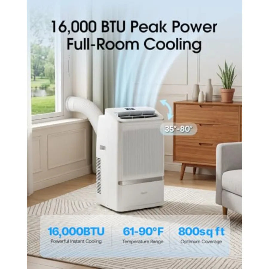 Portable Air Conditioners, 16000 BTU Cooling for 800 Sq ft, 5-in-1 with Drainage-Free Cooling, Fan, Dehumidifier, Sleep Mode, A