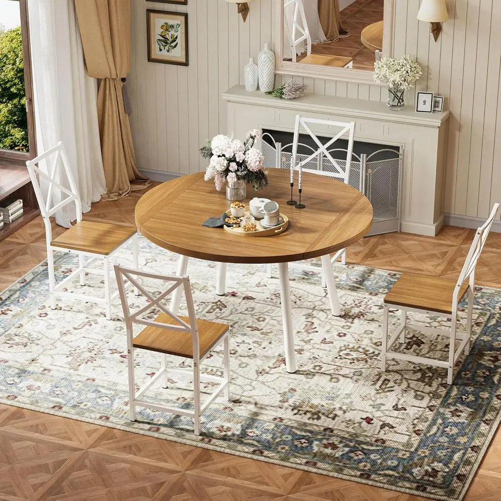 4-Person Round Kitchen Table with 4 Stools, 44.5 Drop Leaf Desk, Space-Saving Natural Wood Dining Set