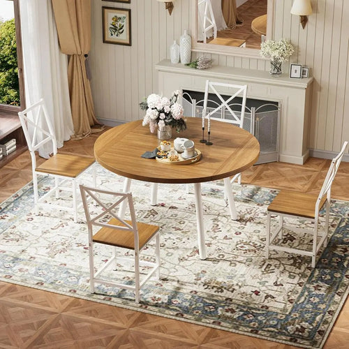 4-Person Round Kitchen Table with 4 Stools, 44.5 Drop Leaf Desk, Space-Saving Natural Wood Dining Set