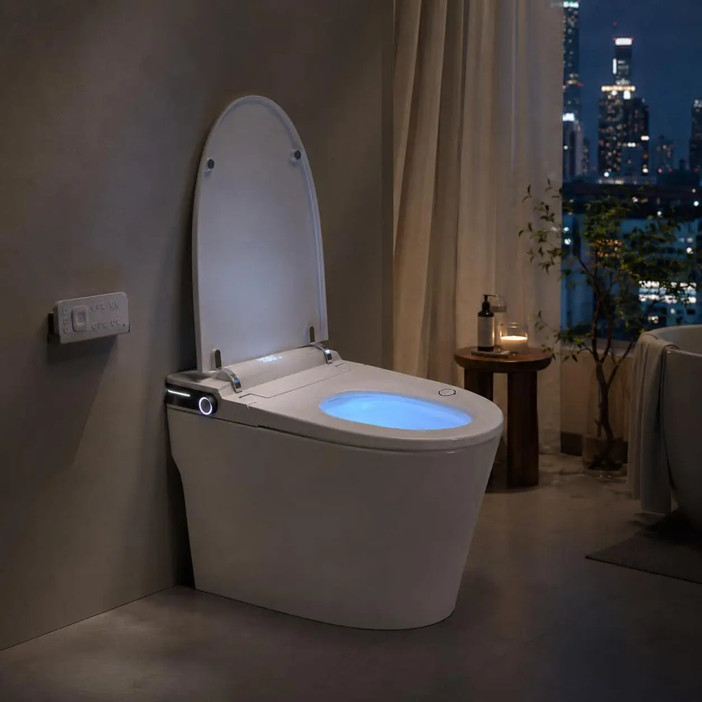 Smart Toilet With Built In Bidet One Piece Ceramic Bidet Toilet Auto Flush Auto Lid Foot Sensor Flush Instant Warm Water Sprayer Warm Air Dryer Ambient Night Light White