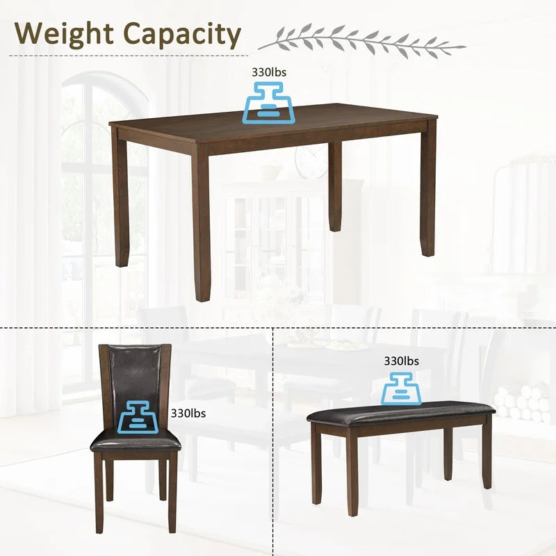 6-Piece Farmhouse Dining Set with Bench and Chairs, Dark Walnut Wooden Table for 6, Rustic Kitchen or Dining Room
