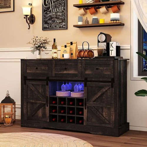 52 LED-lit Wine Bar Cabinet with Sliding Barn Door, 3 Drawers, Adjustable Shelves, 12-Bottle Rack & Glass Holder for Living Room