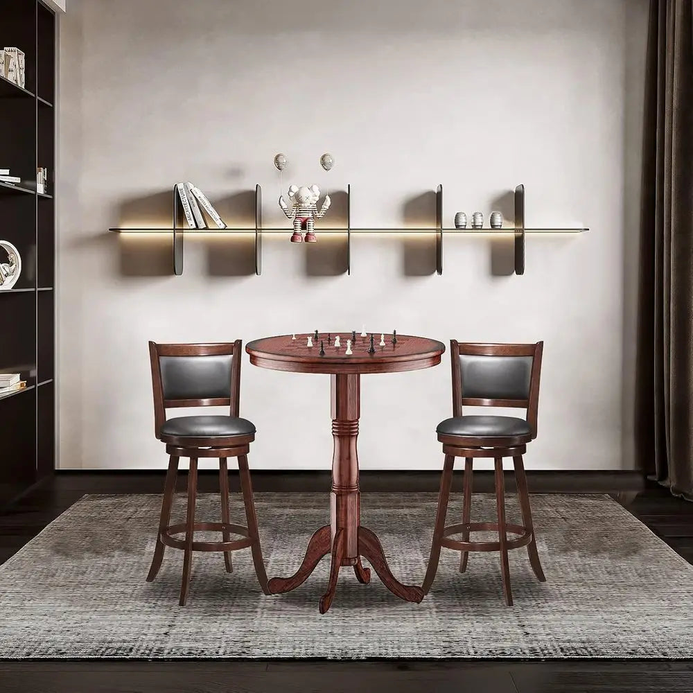 3 Pcs Dining Table Set, Wooden Pub Pedestal Side Table with Stable Base, 360 Degrees Swivel Bar Stool, Round Bar Table and Stool