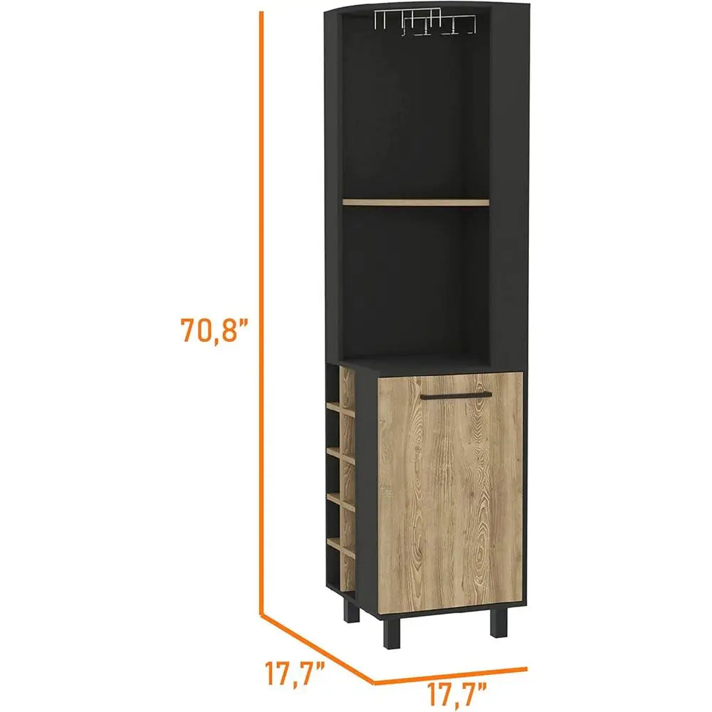 Black/Pine Wine Cabinet with Glass Rack, 10 Bottle Holders, 2 Open Shelves
