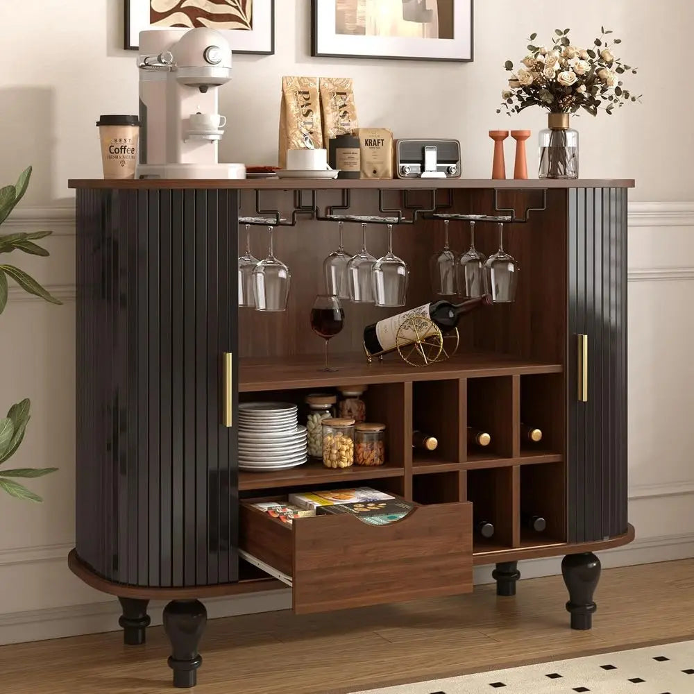 39 Modern Liquor Cabinet with 6 Wine Racks, 3 Glass Holders, Drawer, Hidden Storage & Sliding Door for Living Room, Dining Area,