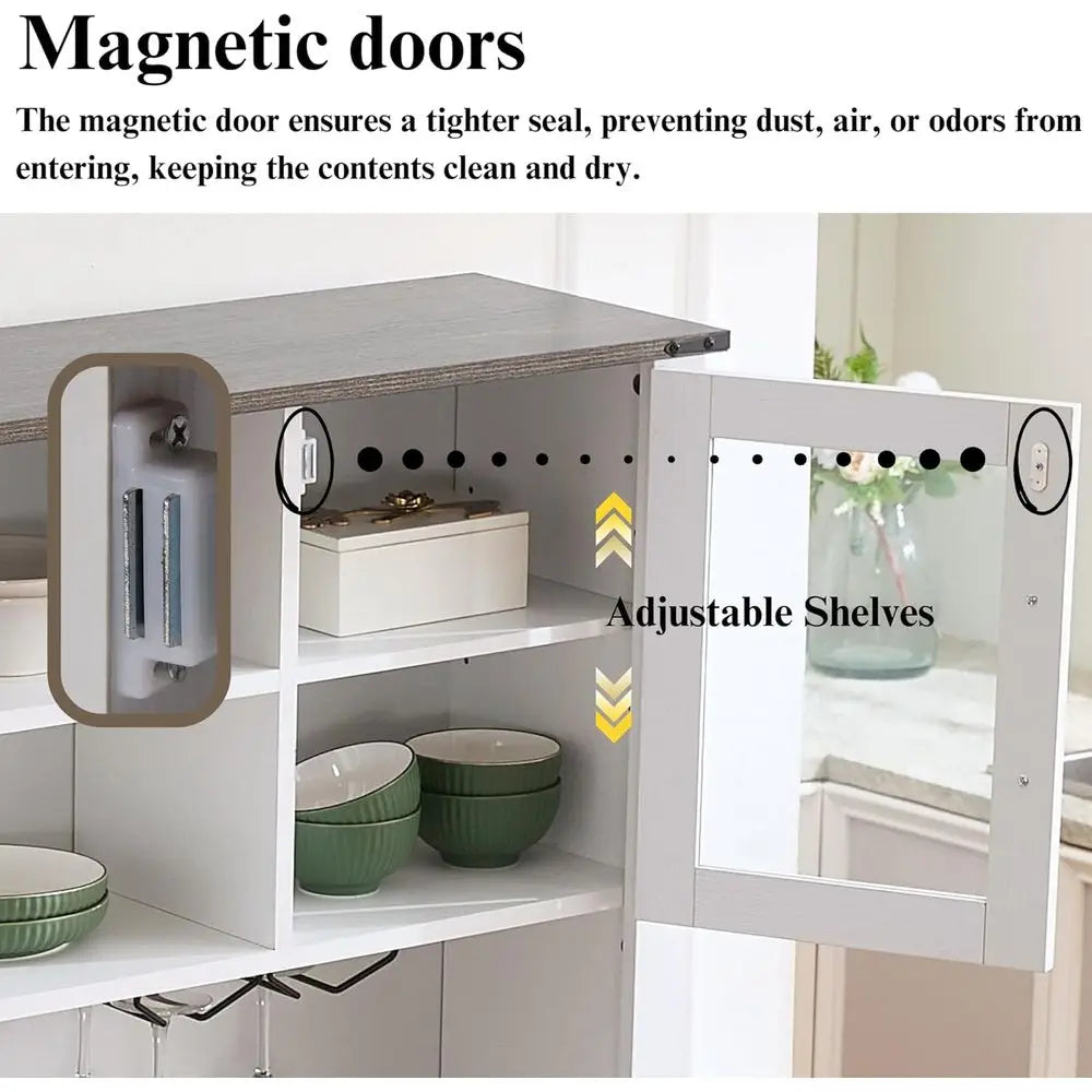 Sliding Door Pantry Cabinet with Drawers & Wine Rack, Rustic Buffet for Kitchen, White and Black