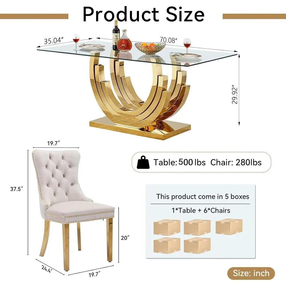 7-Piece Elegant Glass Dining Set with 70 Table and 6 Beige Chairs