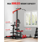 Home gym LAT pulldown machine, steel frame, black, 3-in-1 cable station with AB crunch and row attachments