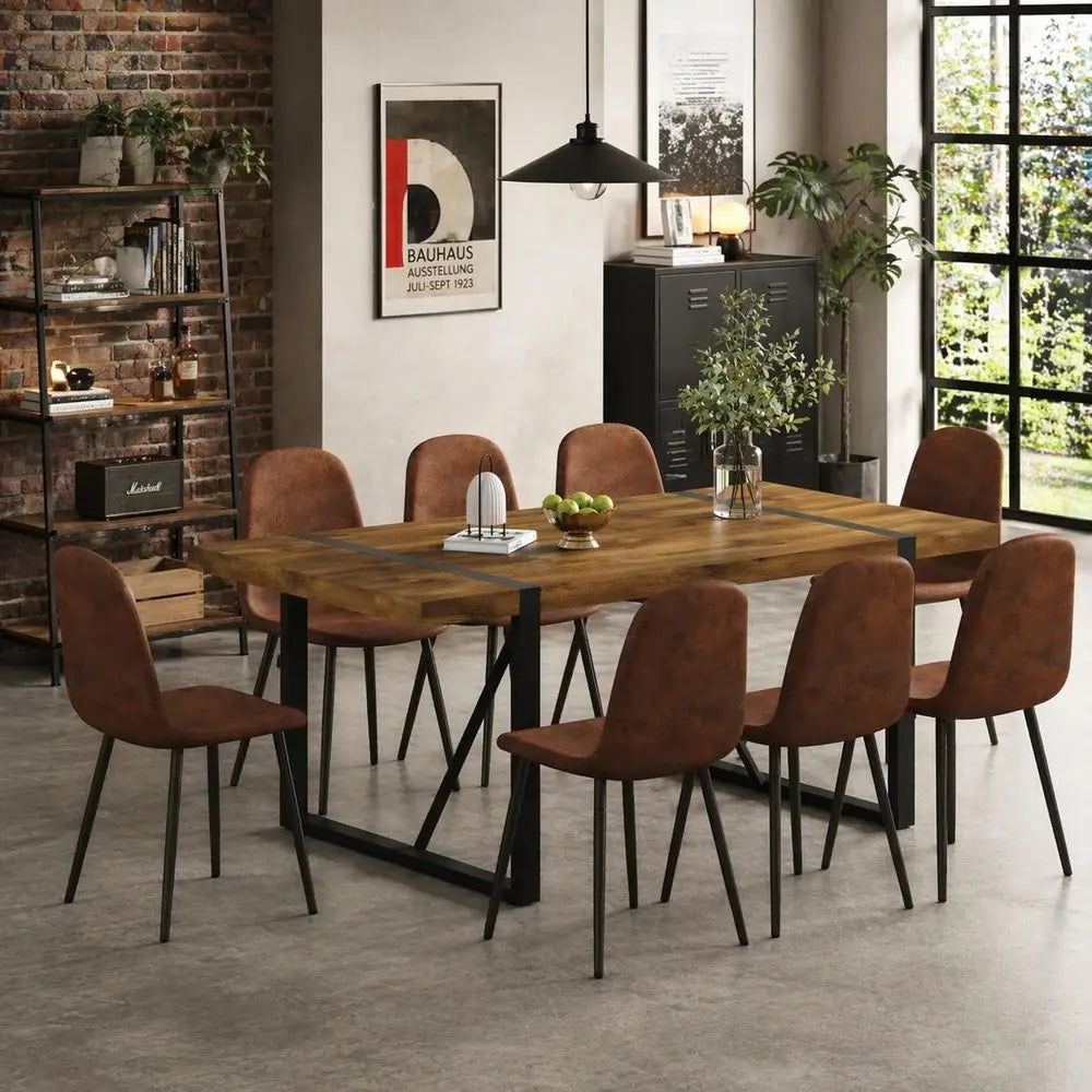 8-Seat Wooden Dining Table with Suede Chairs Set for Kitchen & Dining Room