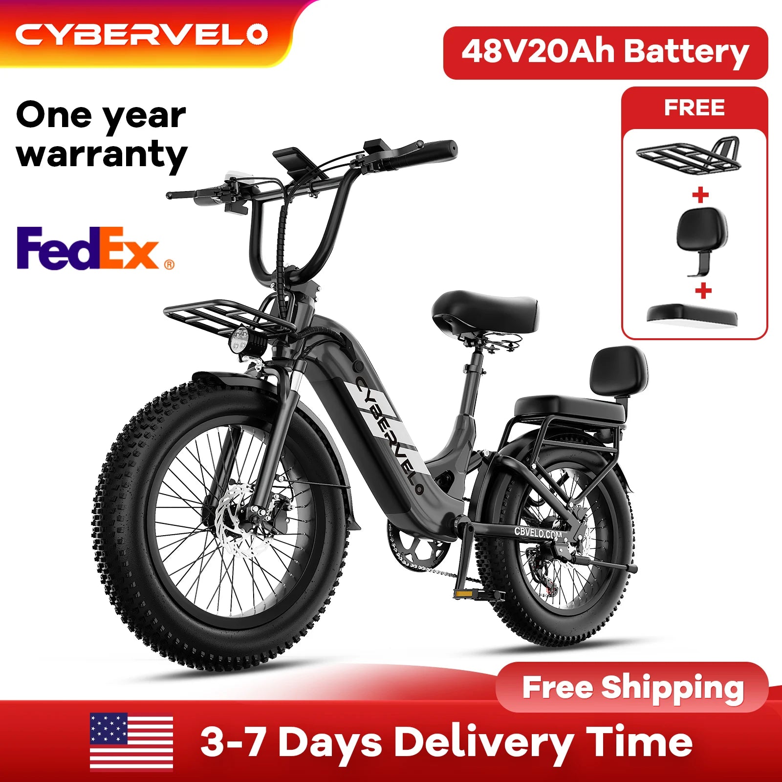 1500W Peak 20" Fat Tire Step-Thru Electric Bike, 7-Speed All Terrain Commuter Ebike, 48V 20Ah Removable Battery for Adults EK12 & EK8
