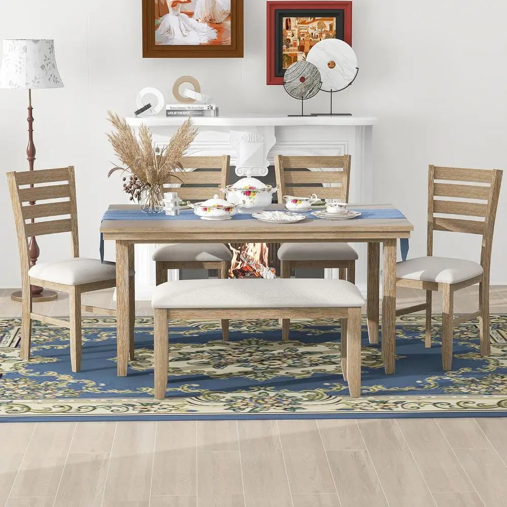 Rustic 6-Piece Wooden Dining Set with Table and 4 Chairs Including Bench (Natural)