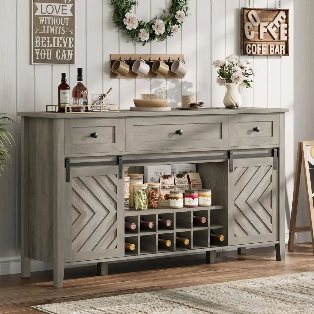 59 Vintage Wine Bar Cabinet with Sliding Door, 3 Drawers, Adjustable Shelves & Removable Rack for Dining or Living Spaces