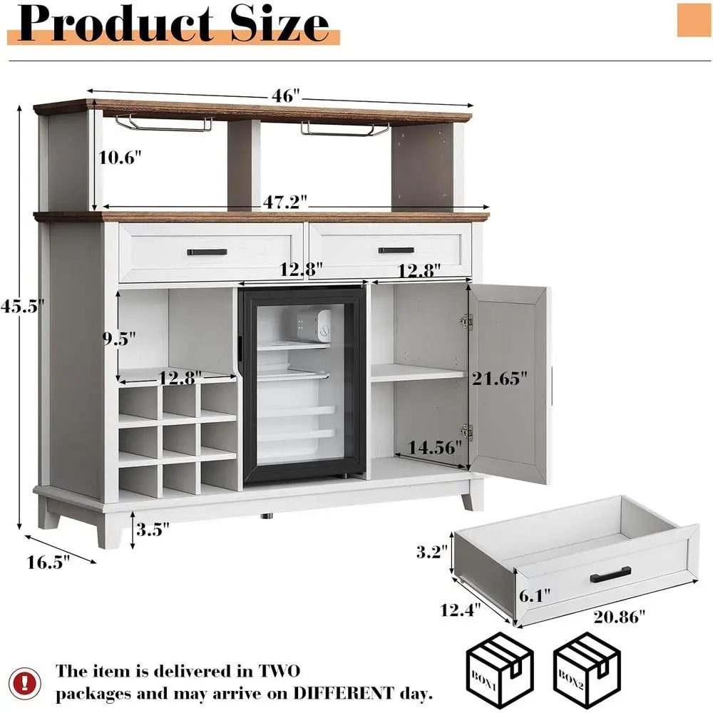 47" armhouse Coee Bar Cabinet with 15" Rerigerator & Wine Rack & Glass Holder, Wine Cabinet with Storage Ders & Open Shelves, Si