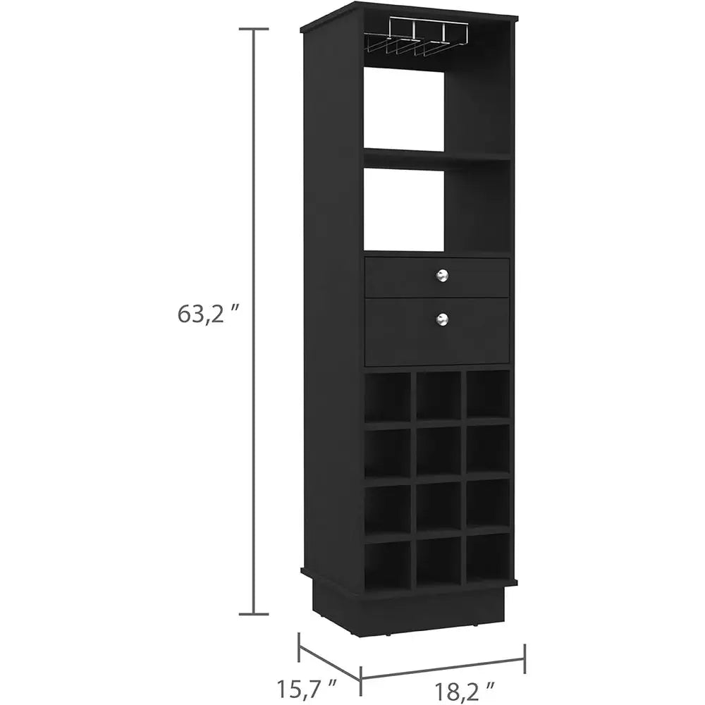Contemporary Wine and Bar Cabinet with 12 Bottle Holders, 2 Drawers, Glass Rack, and Shelves, Black