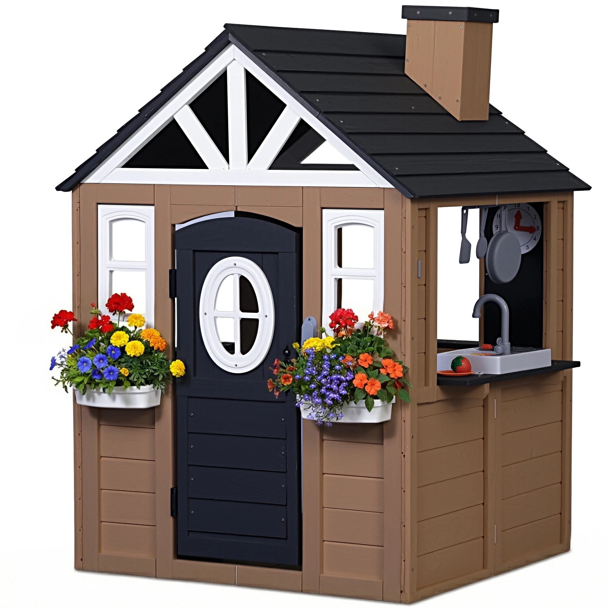 Kids Wooden Playhouse Outdoor Indoor Pretend Play Cottage with Kitchen Sink, Doorbell, Doodle Board, Clock, Flower Pot, Dog Hole Curtain, Kitchenware Accessories, Backyard Kids Role Play Game House Toy for Boys Girls