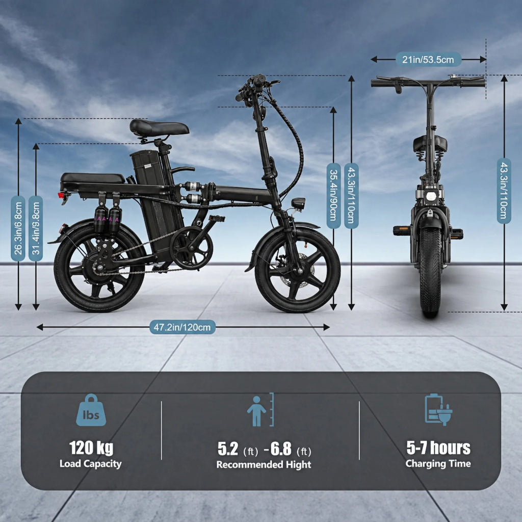 Foldable electric bicycle for adults, equipped with 14-inch tires, featuring 8 shock absorbers, a 500W motor power, a 48V 15Ah c