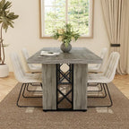 7-Piece Dining Set: 70.8 Grey Kitchen Table with 6 White Upholstered Chairs for Space-Saving Dining
