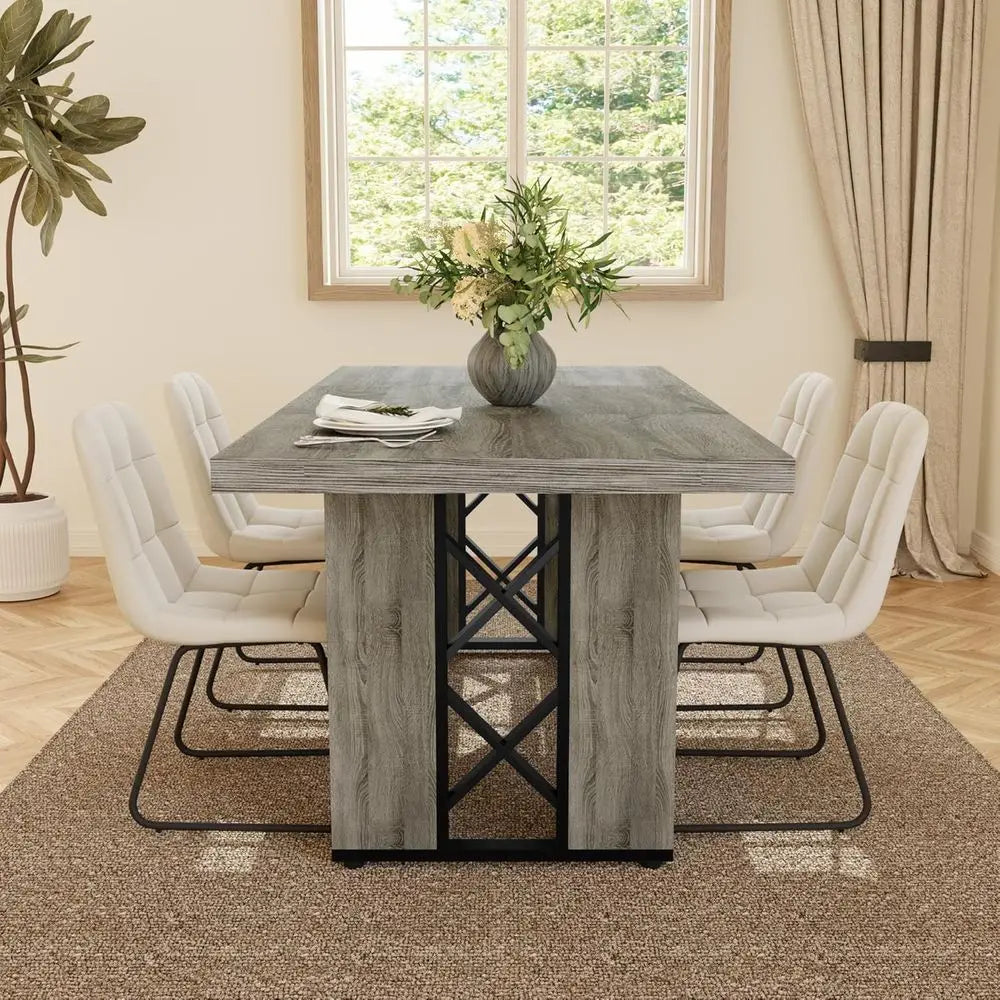 7-Piece Dining Set: 70.8 Grey Kitchen Table with 6 White Upholstered Chairs for Space-Saving Dining