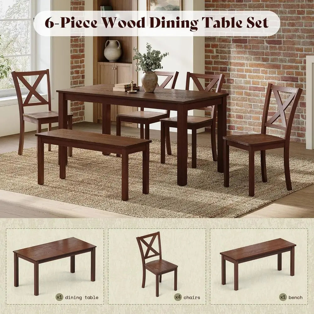 Rustic 59 Wooden Dining Table with 4 Chairs & Bench, Space-Saving 6-Piece Set in Walnut