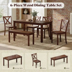 Rustic 59 Wooden Dining Table with 4 Chairs & Bench, Space-Saving 6-Piece Set in Walnut