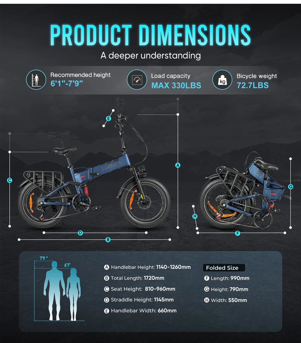SAMEBIKE RS-A02Pro Folding Fat Tire Electric Bike 1000W All Terrain Snow Mountain Ebike For Adults 48V 15Ah High Capacity Battery Dual Suspension Off Road Adventure Bicycle