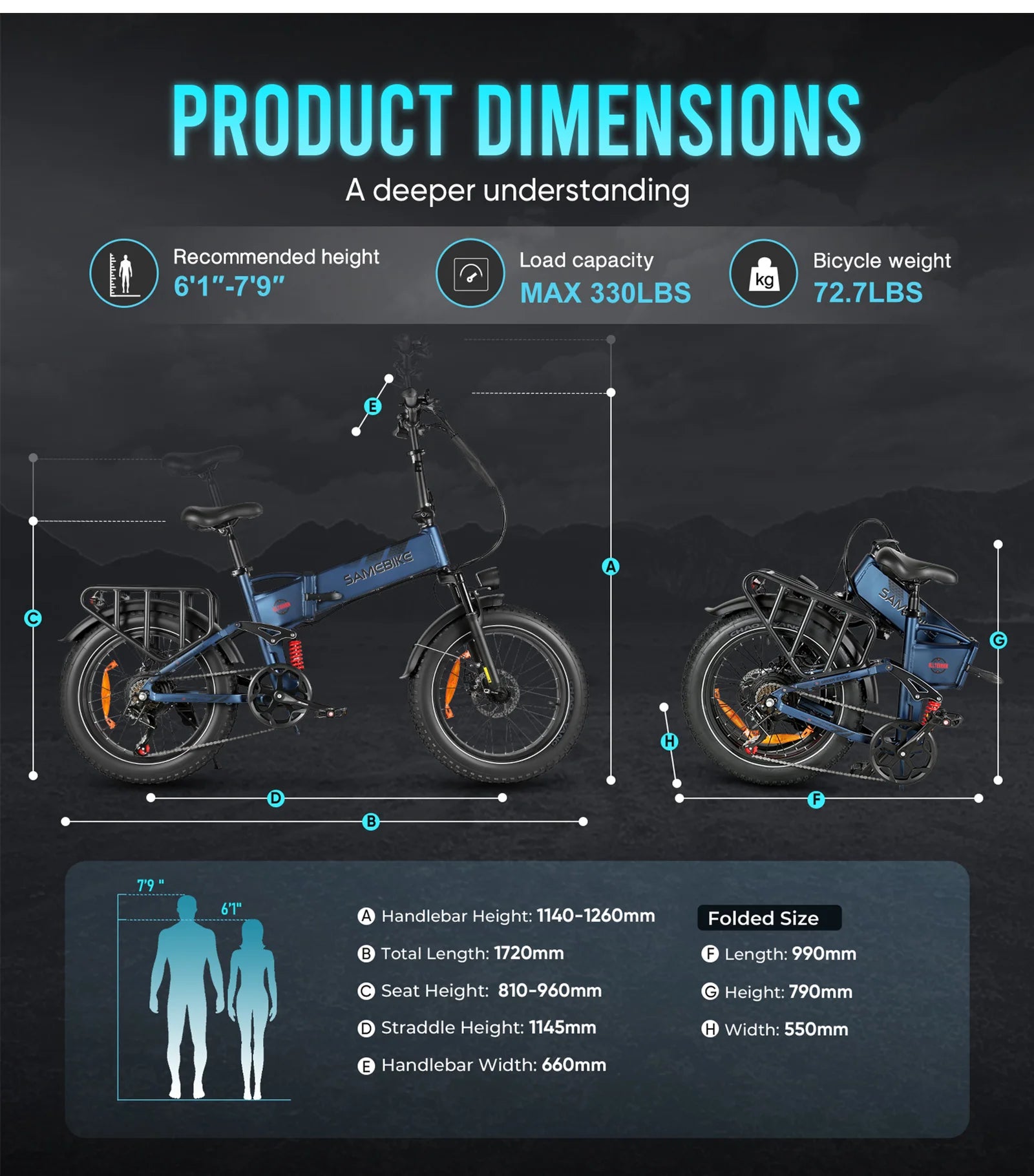 SAMEBIKE RS-A02Pro Folding Fat Tire Electric Bike 1000W All Terrain Snow Mountain Ebike For Adults 48V 15Ah High Capacity Battery Dual Suspension Off Road Adventure Bicycle