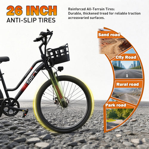 26" Electric Bike for Adults, 500W Peak Motor, 20MPH, 35+ Miles Range, 432Wh Battery, Commuter Ebike with Basket, 7-Speed, Lightweight