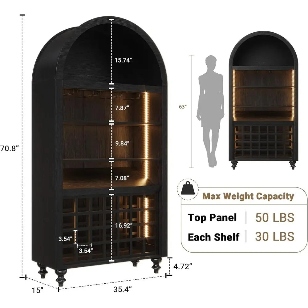 LED-Illuminated 71 Tall Wine & Liquor Cabinet with Glass Holders and Rack for Living Room, Kitchen, or Dining Area (Black)