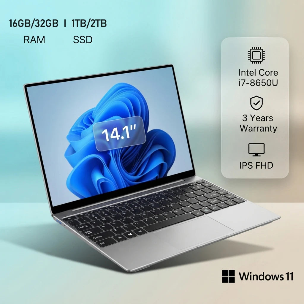 RU Shipped NEW 14.1" Laptop 32GB 2TB Intel Core i7 8650U Windows 11 Gaming Computer PC Gamer office Notebook 1920*1080 HD