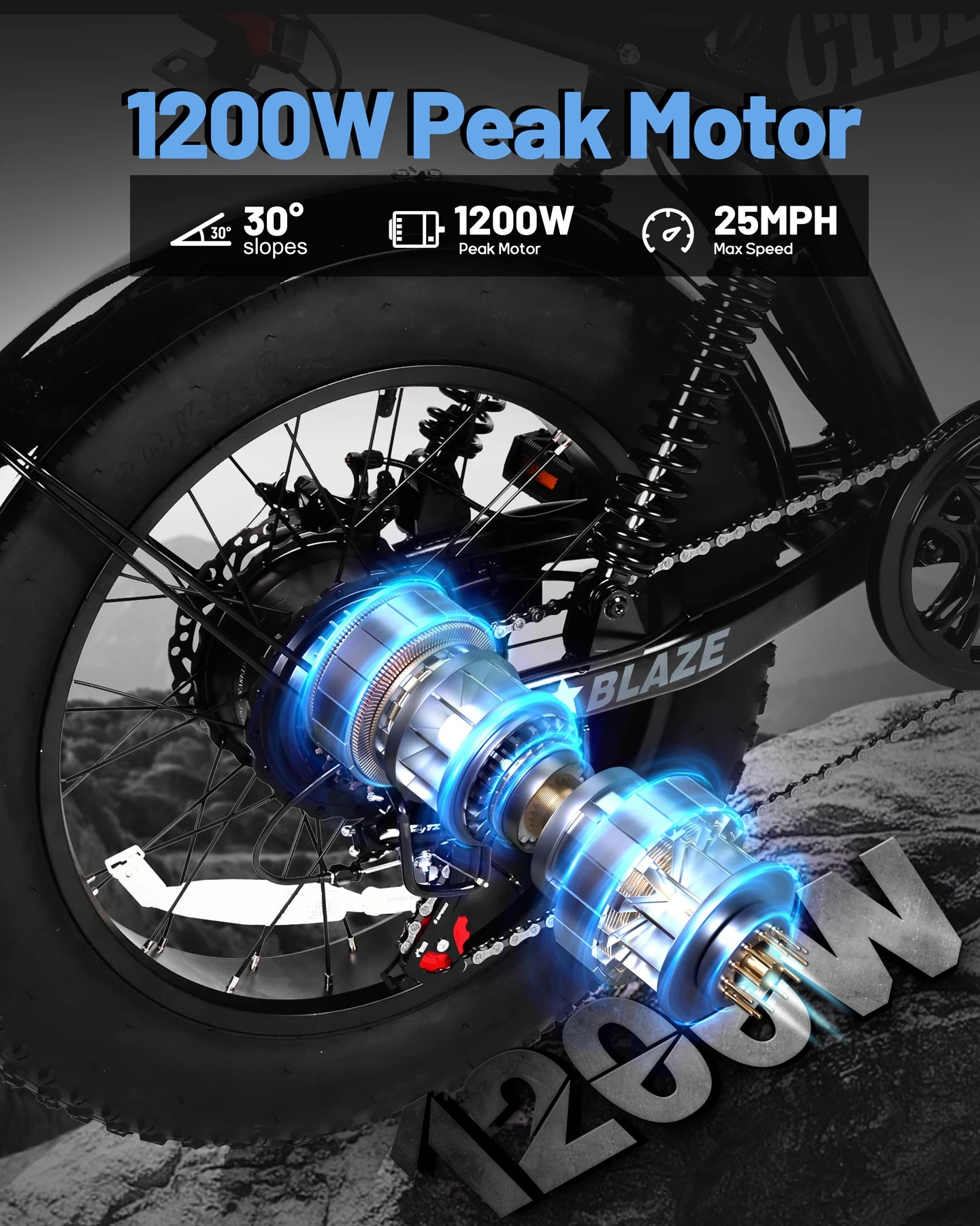 ActBest Blaze Electric BiNke, 16" Fat Tires Electric Mountain Bike, 1200W Peak Motor 48V 10.4Ah, 25 MPH 55Mi Range Off-Road Ebike with Full Suspension, with Free Bike Lock