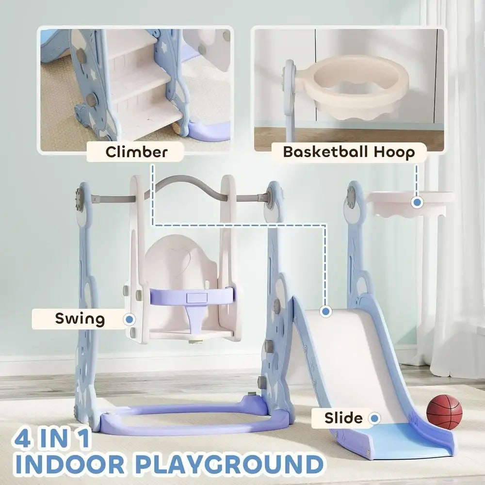 Light Blue Toddler Slide and Swing Set for Ages 1.5-4, Indoor Playground with Climber, Basketball, and Rocket Theme