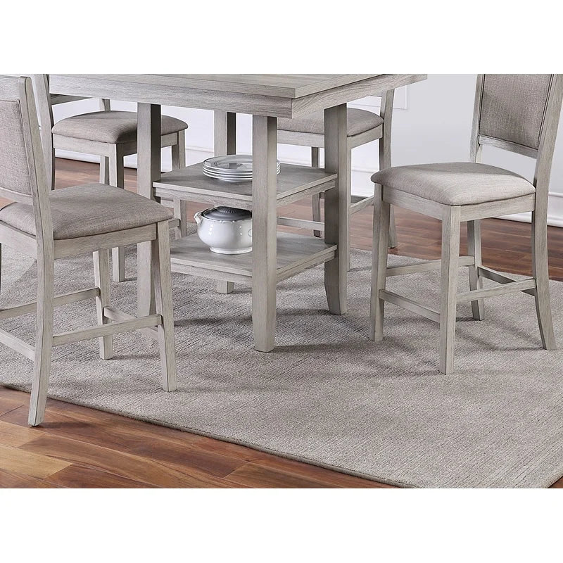 Modern Rustic Grey Square Dining Table Set with Shelves and Cushioned Chairs, 5-Piece Counter Height Furniture