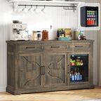 White 60-Inch Farmhouse Beverage Station Cabinet With Built-In Cooler, Three Drawers, And Glass-Front Wine Storage For Kitchen