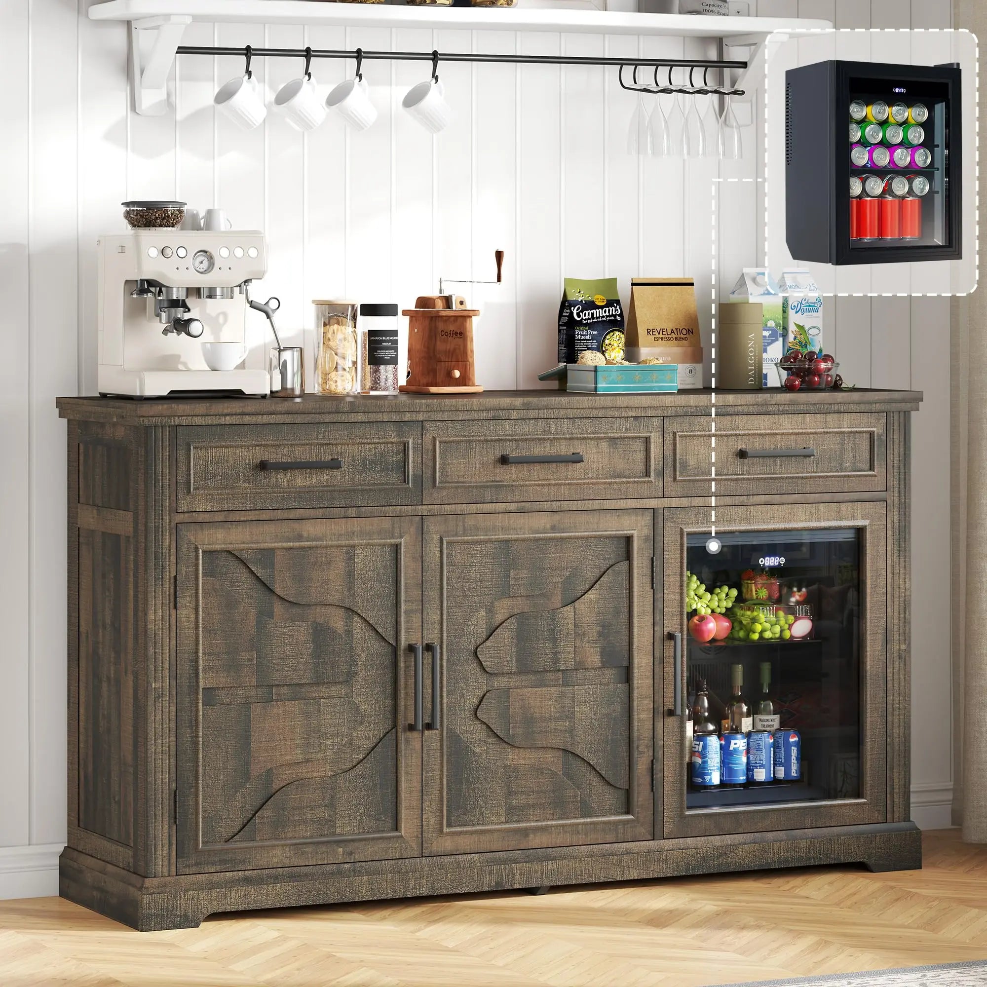 White 60-Inch Farmhouse Beverage Station Cabinet With Built-In Cooler, Three Drawers, And Glass-Front Wine Storage For Kitchen