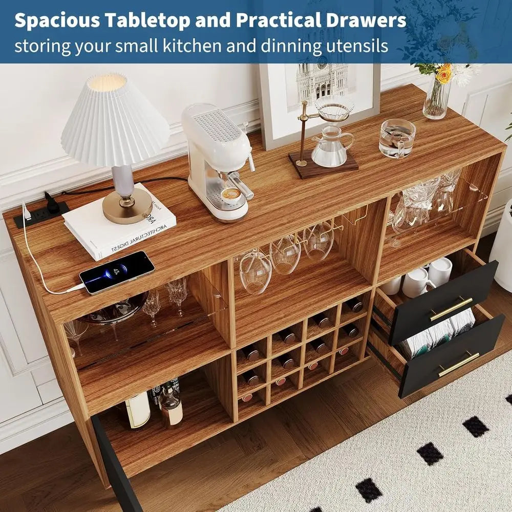 47 Wine Bar Cabinet with Storage, Wine Rack, Glass Holder, LED Light, and Charging Station - Wooden Black