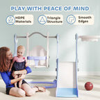 Light Blue Toddler Slide and Swing Set for Ages 1.5-4, Indoor Playground with Climber, Basketball, and Rocket Theme