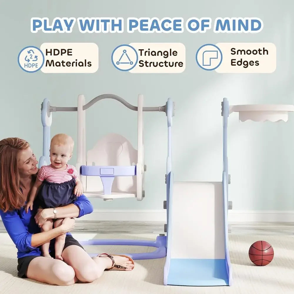Light Blue Toddler Slide and Swing Set for Ages 1.5-4, Indoor Playground with Climber, Basketball, and Rocket Theme